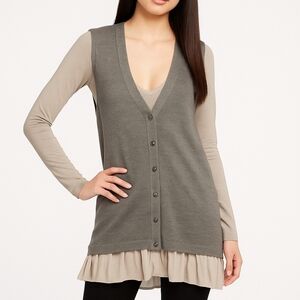 THEORY Jase New Steady Gray Ivory Cardigan Sweater Vneck Vest Wool Silk Tunic SP